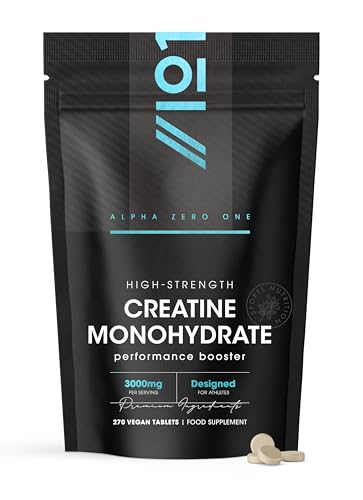 Creatine Monohydrate 3000mg – 270 Vegan Tablets – Proven to Increase Physical Performance – Resealable and Recyclable Pouch by Alpha01