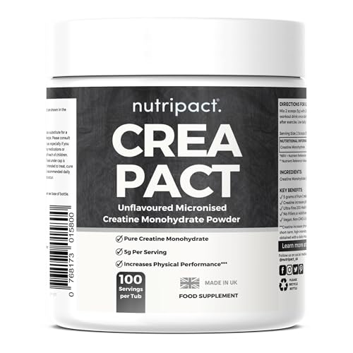 Nutripact Creatine Monohydrate Powder | For Muscle Growth, Performance & Recovery - Unflavoured Creatine 5g | 100% Pure Micronised Creatine Powder | Supports Strength Performance | 100 Servings | 500g