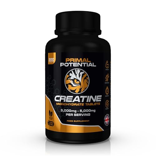 Primal Potential Creatine Tablets 3,000–5,000mg | 300 Tablets x 1000mg | Vegan, Halal, Non-GMO Tablets | Made in The UK | Muscle, Strength & Performance