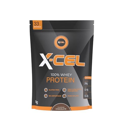 X-CEL Fitness 100% Whey Protein Powder 1kg – Pure Whey – 90% Protein Content – 26g Protein per Serving – Low Fat, Low Sugar – Gluten Free, Aspartame Free – Chocolate Flavour